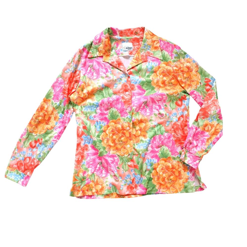 70s Vintage Prince of Dallas Long‎ Sleeve Top Floral Button Up Collared Large